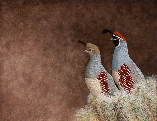 Gambel's Quail Pair on Cholla - 22"x18" Acrylic